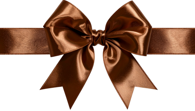 metallic bronze brown silk ribbon bow with long straight strips isolated on transparent background, gift wrap decoration design
