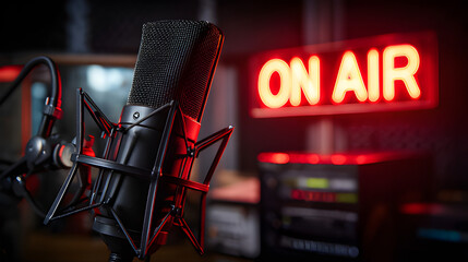 On Air professional microphone podcast, interview studio. Professional microphone and on air neon sign