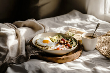 A beautifully arranged breakfast tray sits on soft bedding, featuring eggs, granola toast, fresh fruit, and a warm beverage. The sunlight fills the room, creating a serene atmosphere