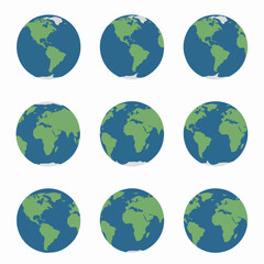 Flat design Earth globes showing different continents in a grid pattern, representing global connection and diversity.
