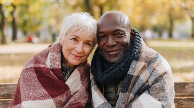 Elderly couple enjoys a cozy moment wrapped in blankets during a beautiful autumn day in the park, surrounded by colorful foliage and warm sunlight - Powered by Adobe