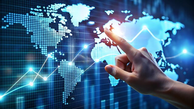 Hand touching a digital world map with financial charts and data overlay