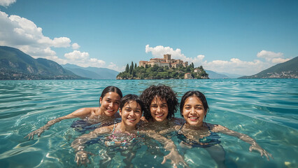 Happu family swimming in the crystal clear waters of lake Garda .