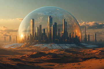 Futuristic Sci Fi City Under Transparent Dome in Alien Desert Environment with Illuminated Skyscrapers Generative AI