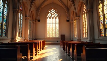 Obraz premium A serene church interior, bathed in sunlight streaming through stained-glass windows, highlighting a quiet prayer space Perfect for themes of faith, spirituality, peace, and worship , quiet, amen