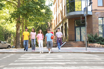 Obraz premium Group of happy teenage friends crossing road together outdoors