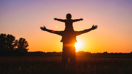 Silhouette of a loving father carrying his son on his shoulders with arms outstretched at sunset, symbolizing freedom and family bonding.