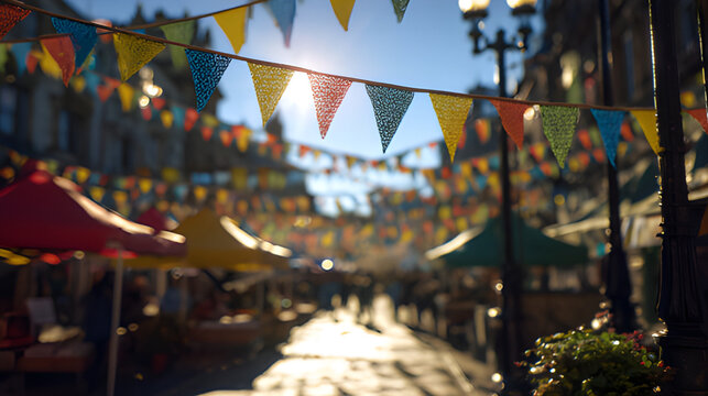 Fair festival summer street open air party. Outdoor events street party bunting flags strung across the street on a sunlit background. Village fair music festival flags. Family fest summer party paths