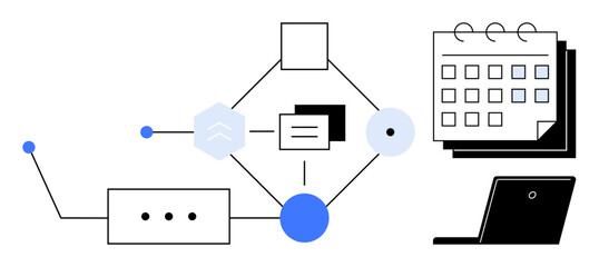 Network lines connecting task icons, calendar, and laptop emphasize scheduling, productivity, and collaboration. Ideal for business, automation, remote work, planning communication and organization