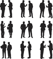 Silhouettes of business professionals having conversations, discussing work, holding documents, shaking hands, corporate communication, teamwork, meeting, collaboration, networking scene