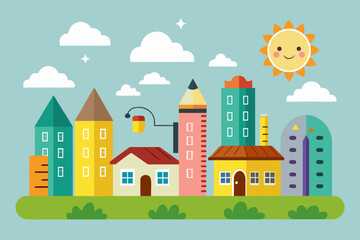 Fototapeta premium Playful Education Scene with Stationery Buildings Illustration