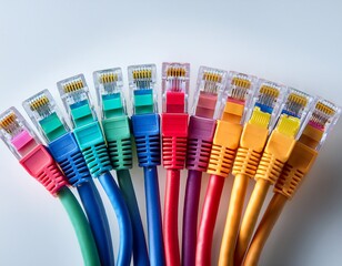 closeup of multicolored network cable connector on white background