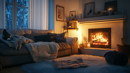 Fototapeta premium Cozy winter room with blanket fireplace and candlelight high resolution picture