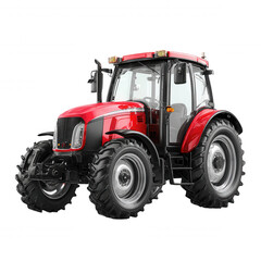 Obraz premium Red compact tractor with large tires and enclosed cabin isolated on transparency background, showing detailed front and side view of agricultural machinery