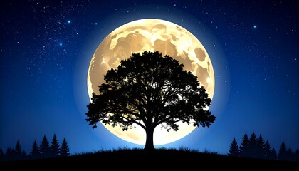 Enchanting moonlit landscape with tree silhouette against starry backdrop