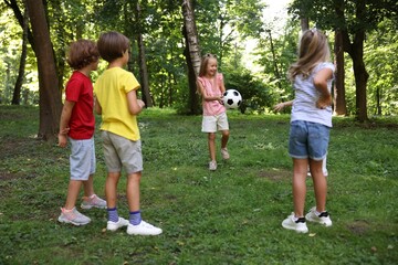 Fototapeta premium Cute little kids playing with soccer ball in park