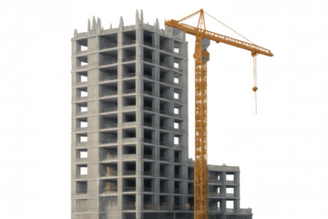 Modern skyscraper under construction with a crane, isolated on transparent background, ideal for architectural visualization and urban development projects