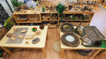 Classroom Tables and Shelves Showcasing Nature Based Learning Materials