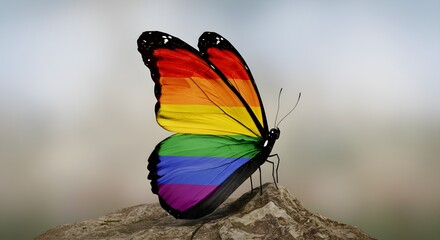 Rainbow butterfly rests on textured rock. Soft light creates a minimal, symbolic presentation, ideal for posters, LGBT themes, or digital use.