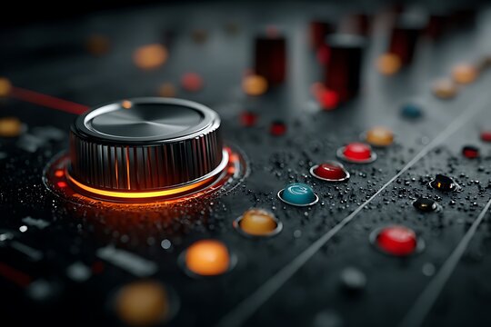 Metallic knob glowing orange with colorful buttons audio mixer control panel