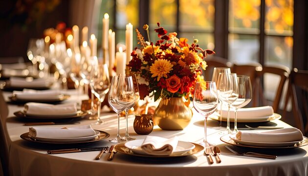 Elegant autumnal dinner party table setting with golden hues and floral centerpiece