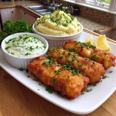 Traditional Bacalieros Scordalia cod, golden fried, paired with creamy garlic dip.