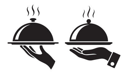 Plate Service: A monochrome illustration showcasing a hand delicately presenting a covered plate, ideal for restaurant, dining or culinary visuals.