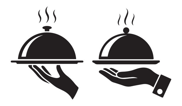 Plate Service: A monochrome illustration showcasing a hand delicately presenting a covered plate, ideal for restaurant, dining or culinary visuals.