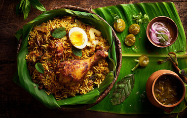 Top shot of a delicious mouthwatering vibrant traditional biriyani served in banana leaf with pickle and boiled egg. Traditional asian, Indian, Sri Lankan.
