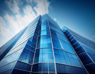 abstract company building architectural design with blue glass panels and clear sky
