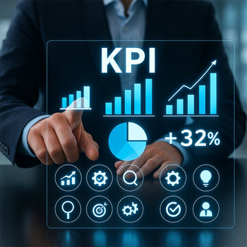 KPI-Performance-Dashboard &ndash; Gesch&auml;ftsmann analysiert virtuelle Kennzahlen in moderner B&uuml;roumgebung