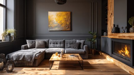 wooden table next to grey corner settee in warm living room interior with painting and fireplace real photo no logos no brands ar 169