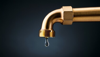leaking golden faucet with dripping water on a dark background