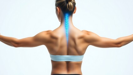Woman with arms outstretched and a glowing spine visible from the back on a white background studio shot