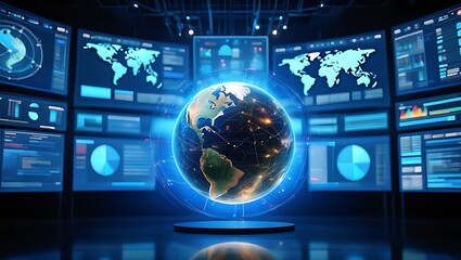 Global Data Visualization Center with Earth Hologram and Digital Displays