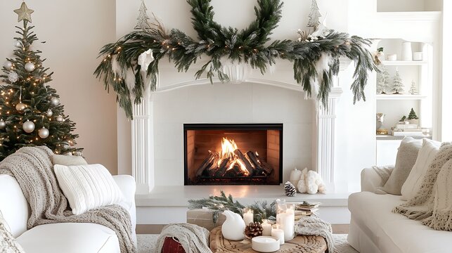 Peaceful festive decor with cozy hearth and sparkling pine