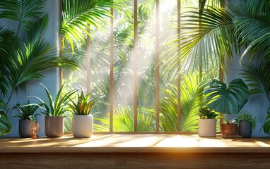 Fototapeta premium Sunlight streams through a window, showcasing a lush, tropical garden. Potted plants line a wooden shelf in front of a light-blue wall