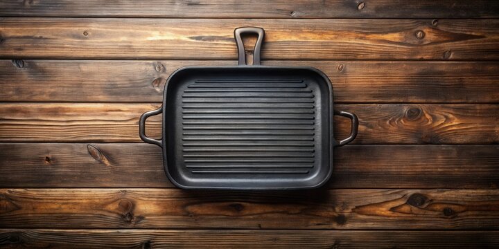 Rustic Cast Iron Grill Pan on Dark Wooden Surface, Ready for Cooking Delicious Food