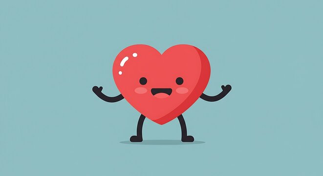 Stylized heart character illustration with smiling face and arms on background