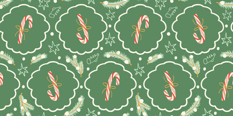 Christmas candy canes seamless pattern. Candy canes with red stripes, bows, stars and tree branches holiday season background. Wrapping paper, fabric design.