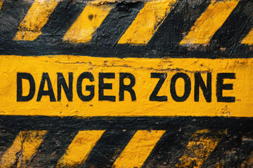 A yellow danger zone sign with black diagonal stripes on a textured concrete wall surface outdoors
