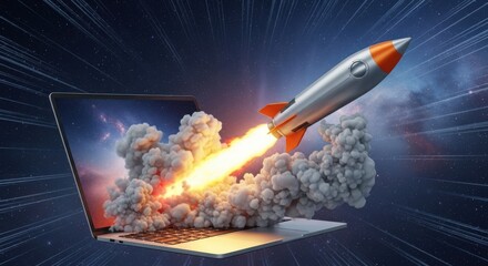 Digital Rocket Launch from Laptop Screen Space Exploration