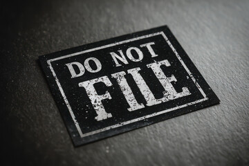 A black sign with white text that reads do not file on a textured dark gray surface close up view