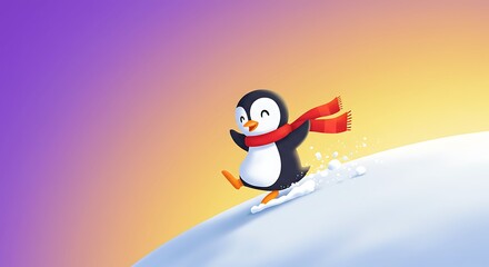 Cheerful penguin sledding illustration with bright colors and snow
