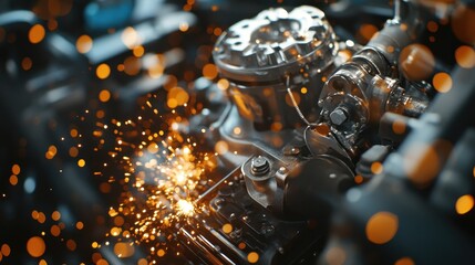Close up of Sparks Flying from a Metal Machine Engine