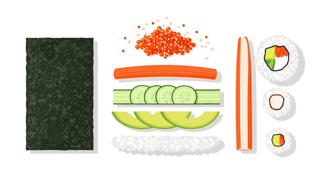 Sushi roll elements on white backdrop.