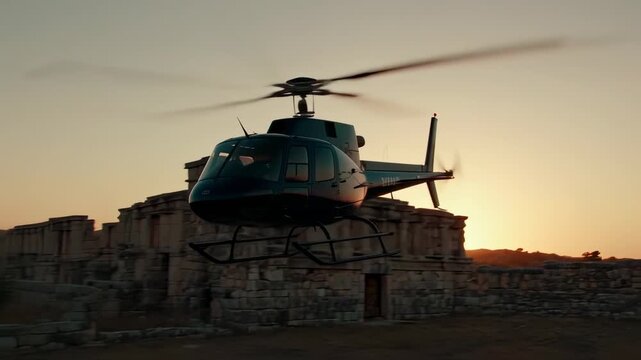 Helicopter flying over ancient ruins during sunset showcasing adventure and travel