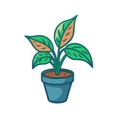 Stylized potted plant with colorful leaves, against a solid black background design