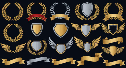 Elegant golden laurel wreaths, shields, and ribbons perfect for branding and awards