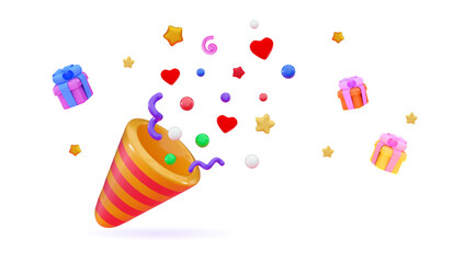 3d confetti popper Party Cartoon emoji Confetti fireworks for the event happy birthday, victory concept, winner prize